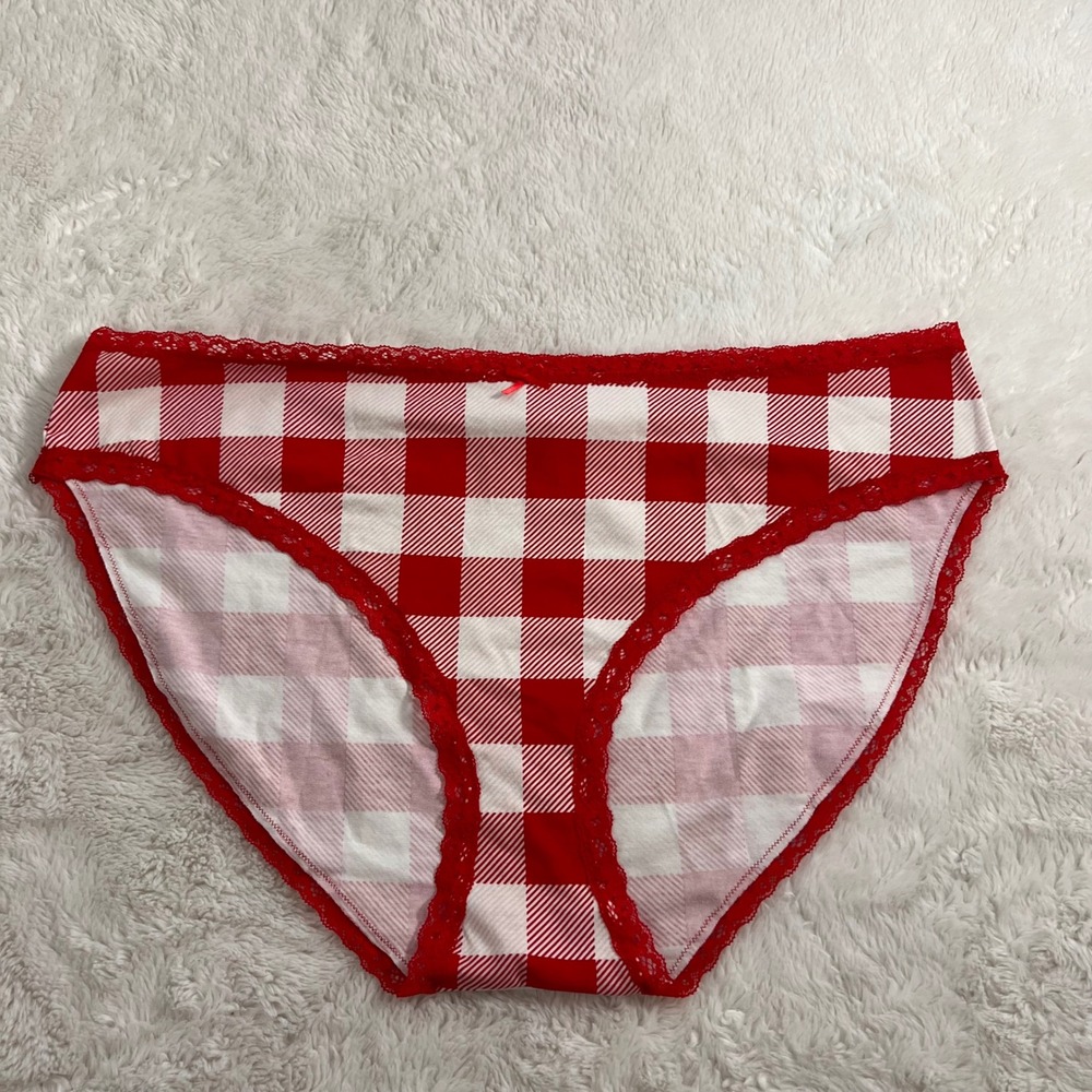SKIMS Cotton Jersey Cheeky Tanga Red White Gingham Lace Trim Underwear 3X NWOT